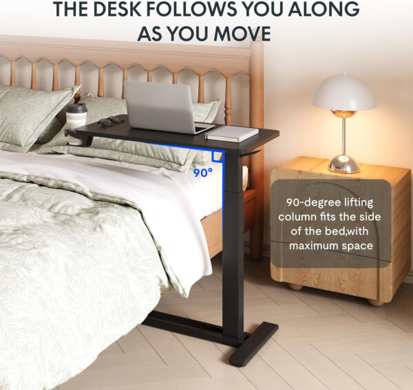 FLEXISPOT H7 Adjustable Overbed Bedside Table with Wheels Pneumatic Mobile Standing Desk Laptop Desk Rolling Computer Cart Movable Overbed Table Hospital Home Use(31.5″ W x 17.7″ D, Black Large)