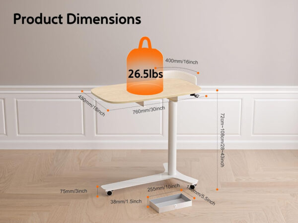 Rolling Desk Adjustable Height with Drawer and Wheels, Portable Small Standing Desk Pneumatic for Home Office, Mobile Computer Laptop Desk Cart, Medical Sofa Overbed Table, Oak