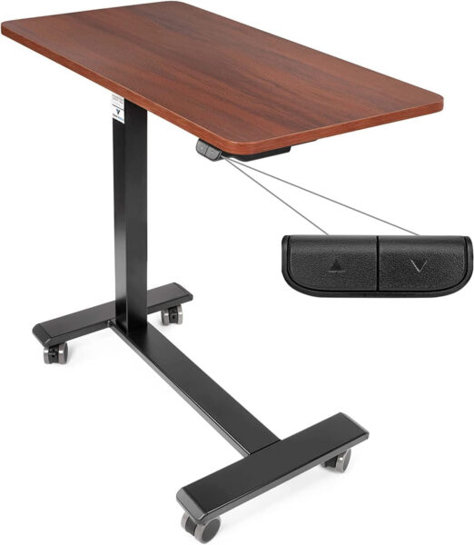 Vaunn FSA/HSA Eligible, Medical Electric Overbed Table Bedside Height Adjustable Table with Wheels (Electric-Powered, Hospital and Home Use) – Brown (Organic Modern)