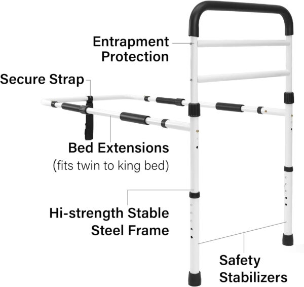 FSA/HSA Eligible, Vaunn Medical New Adjustable Bed Assist Rail Handle (Passed ASTM F3186–17 Safety Standard) and Hand Guard Grab Bar, Bedside Safety and Stability (Tool-Free Assembly), White/Black