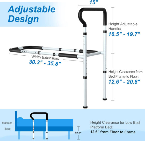 KingPavonini Bed Rails for Elderly Adults Safety – Adjustable Bed Cane with Non-Slip Ergonomic Handle and Storage Pocket, Stable Bed Assist Rails for Seniors Hold up to 300 Lbs, Tool-Free Assembly
