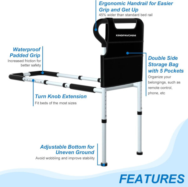 KingPavonini Bed Rails for Elderly Adults Safety – Adjustable Bed Cane with Non-Slip Ergonomic Handle and Storage Pocket, Stable Bed Assist Rails for Seniors Hold up to 300 Lbs, Tool-Free Assembly