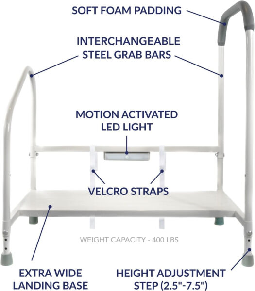 Step2Bed Bed Rails For Elderly with Adjustable Height Bed Step Stool & LED Light for Fall Prevention – Portable Medical Step Stool comes with Handicap Grab Bars making it easy to get in and out of bed