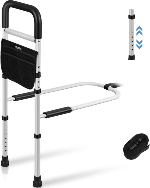 Bed Rails for Elderly Adults Safety, Adjustable Bed Assist Rails for Seniors, Bed Side Rails with Support Legs and Storage Pocket, Portable Bed Cane Fit King, Queen, Full, Twin Bed, Black
