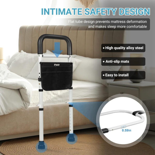 Bed Rails for Elderly Adults Safety, Adjustable Bed Assist Rails for Seniors, Bed Side Rails with Support Legs and Storage Pocket, Portable Bed Cane Fit King, Queen, Full, Twin Bed, Black