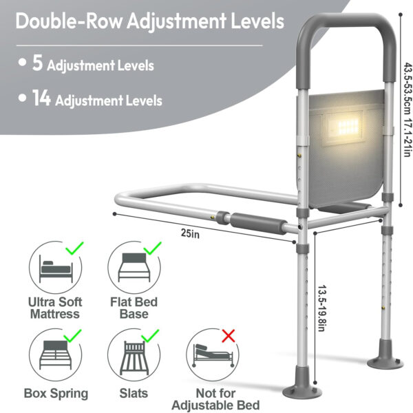 Bed Rails for Elderly Adults Safety: with Motion Sensor Light & Storage Bag -Adjustable Bed Assist Rail for Seniors – Side Bed Rail Handle Support Bar Guard Rails – Fit King Queen Full Twin Bed