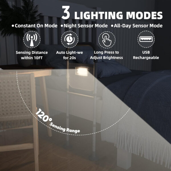 Bed Rails for Elderly Adults Safety: with Motion Sensor Light & Storage Bag -Adjustable Bed Assist Rail for Seniors – Side Bed Rail Handle Support Bar Guard Rails – Fit King Queen Full Twin Bed