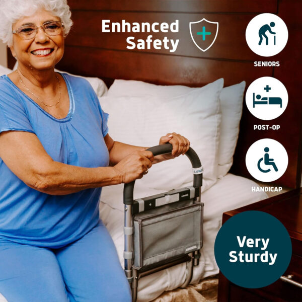 Lunderg Bed Rails for Elderly Adults Safety – with Motion Light, Storage Pocket & Non-Slip Handle Bar – Bed Railings for Seniors & Surgery Patients – The Bedside Assist Makes Getting in & Out Easier