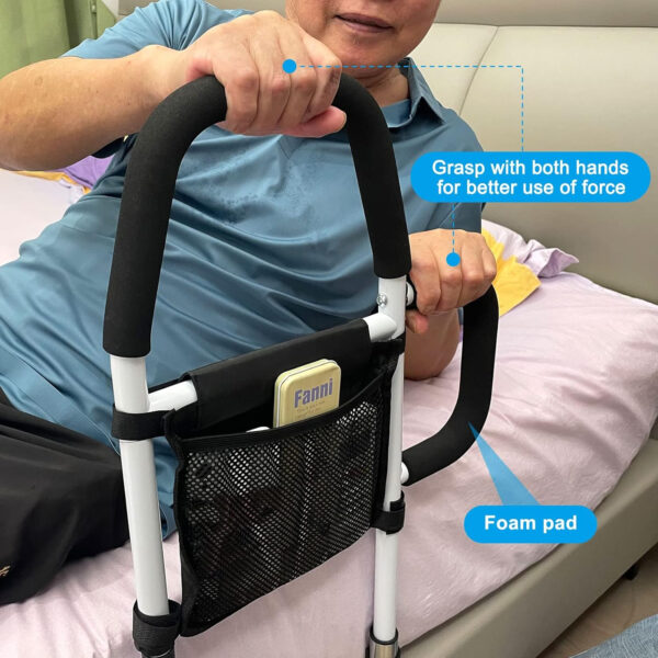 Bed Rails for Elderly Adults, Bed Assist Rails for Seniors with 2 Grab Bars & Storage Pocket & Fall Prevention Guard, Fits King, Queen, Full, Twin Bed, Support Up to 300lbs (Standard)