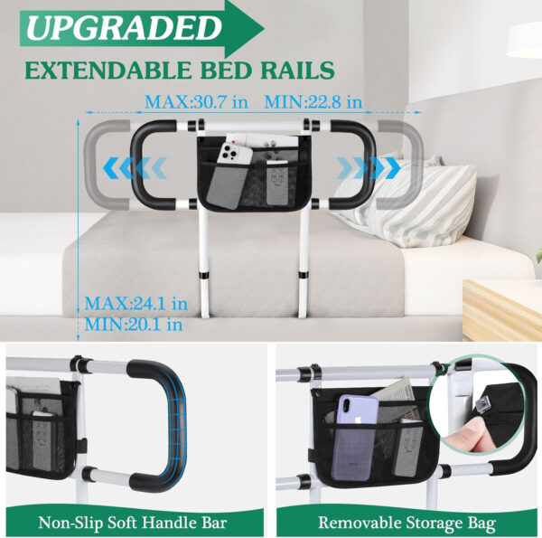 Bed Rails for Elderly Adults Safety – Extended Bed Assist Rail for Seniors – Adjustable Bed Side Rails Handle Support Bar Bed Guard Rail with Storage Bag & Fixing Strap, Fit King Queen Full Twin Bed