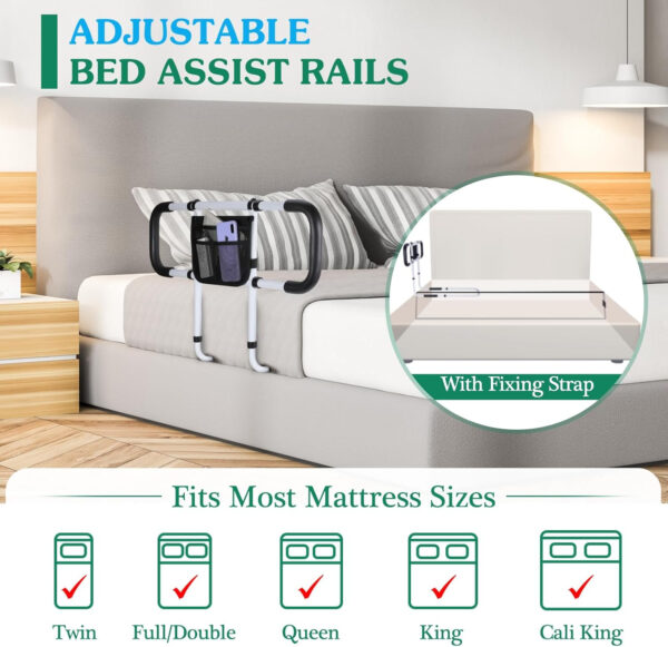 Bed Rails for Elderly Adults Safety – Extended Bed Assist Rail for Seniors – Adjustable Bed Side Rails Handle Support Bar Bed Guard Rail with Storage Bag & Fixing Strap, Fit King Queen Full Twin Bed