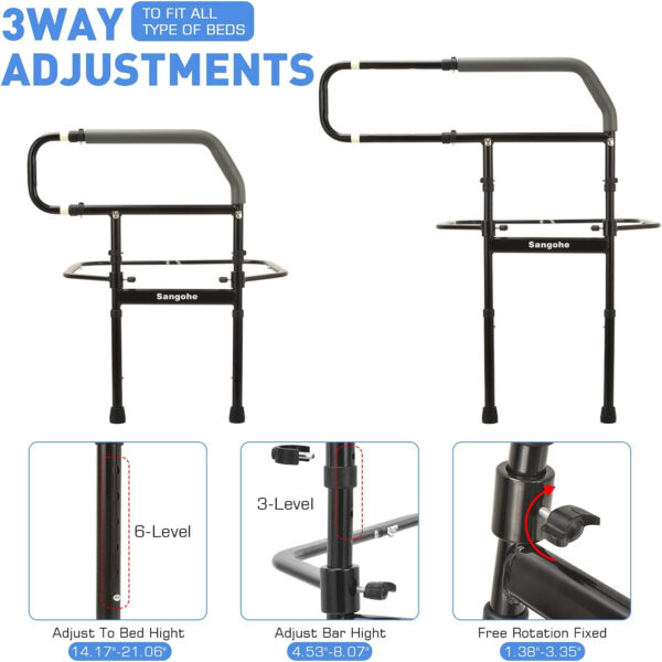 Sangohe Bed Rail for Elderly, Bed Assist Grab Bar Handle with Storage Pocket, Safety Bed Rails for Elderly Adults Getting in & Out of Bed at Home and Dorm – Fit King, Queen, Full, Twin