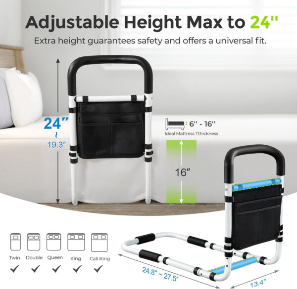 AUVON Bed Rails for Elderly Adults Safety, Adjustable Bed Assist Rail with Double Crossbeam, Ultra-high Bed Support Bar with Storage-Pocket, Bed Guard Ensures Seniors Get in or Out of Bed Safely