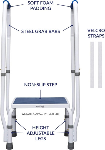 step2bed Mini Step Stool with Handle for Elderly – Adjustable Height Bed Safety Rail for Seniors with Handicap Grab Bars – Stainless Steel Portable Step Stool for Bed (300 LBS Capacity)