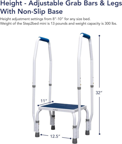 step2bed Mini Step Stool with Handle for Elderly – Adjustable Height Bed Safety Rail for Seniors with Handicap Grab Bars – Stainless Steel Portable Step Stool for Bed (300 LBS Capacity)