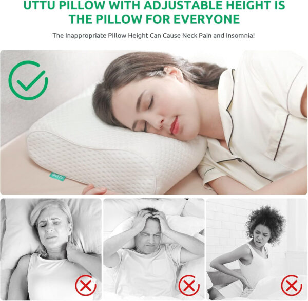UTTU Cervical Pillow for Neck Strain Relief, Memory Foam Neck Pillow for Sleeping, Adjustable Orthopedic Sandwich Pillow, Contour Cooling for Side Back Stomach Sleeper, Queen(23.6″×14″×4.7″/3.9″)