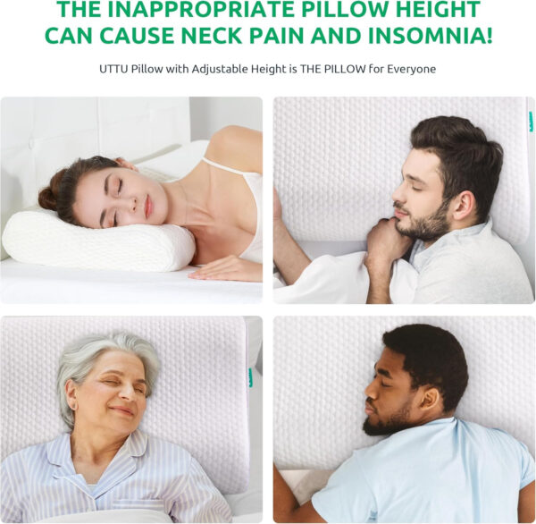 UTTU Cervical Pillow for Neck Strain Relief, Memory Foam Neck Pillow for Sleeping, Adjustable Orthopedic Sandwich Pillow, Contour Cooling for Side Back Stomach Sleeper, Queen(23.6″×14″×4.7″/3.9″)