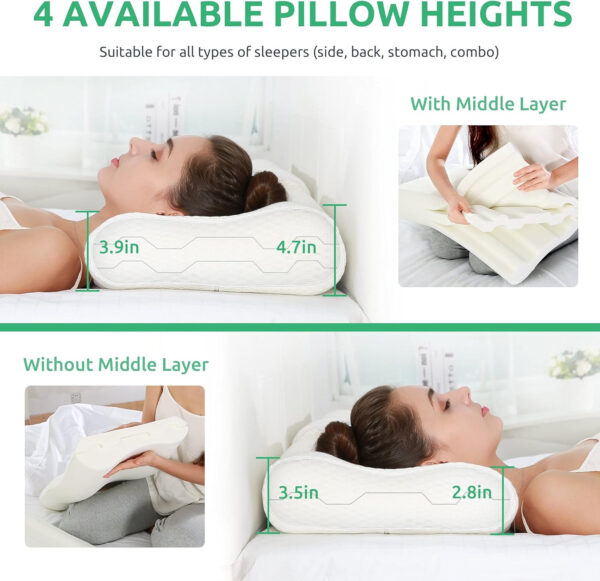 UTTU Cervical Pillow for Neck Strain Relief, Memory Foam Neck Pillow for Sleeping, Adjustable Orthopedic Sandwich Pillow, Contour Cooling for Side Back Stomach Sleeper, Queen(23.6″×14″×4.7″/3.9″)