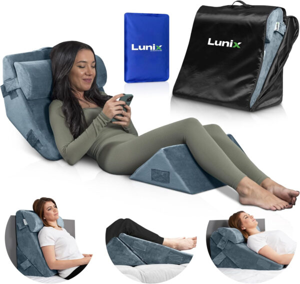 Lunix 3pcs Orthopedic Bed Wedge Pillow Set, Post Surgery Memory Foam for Back, Leg, and Knee Pain Relief, Adjustable Sitting Pillow for Sleeping, Acid Reflux, and GERD, with Hot Cold Pack, Navy