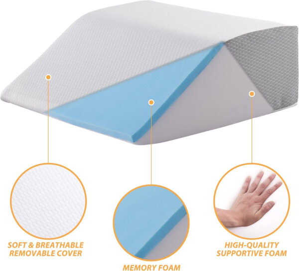Leg Pillow, 8inch Leg Elevating Pillow for After Surgery, Blood Circulation, Leg Wedge Pillow for Side Sleeping, Leg Rest for Swelling, Cooling Gel Memory Foam Top, White/Grey