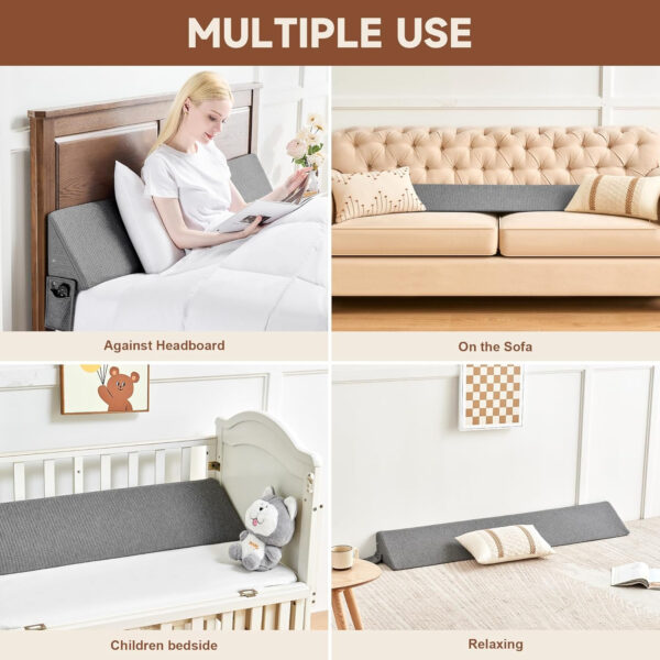 Queen Size(60″x6″x10″) Bed Wedge Pillow for Headboard, Mattress Gap Filler(0-8″), Bed Wedge for Gap Between Your Headboard and Mattress Dark Grey