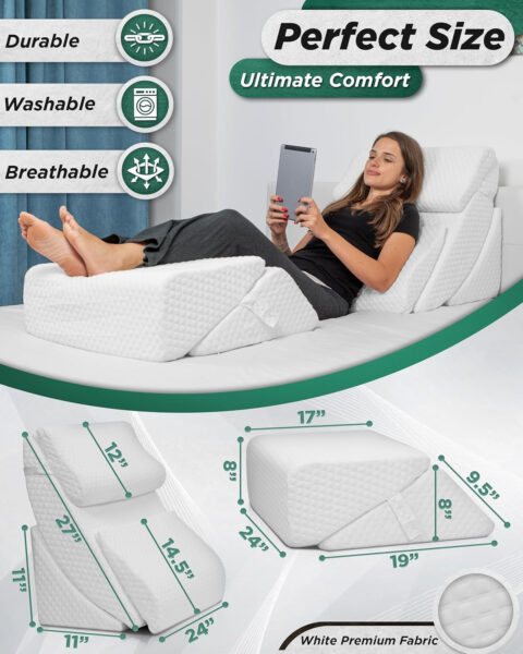 Lunix 6pcs Orthopedic Bed Wedge Pillow Set, Post Surgery Memory Foam for Back, Neck, and Leg Pain Relief, Adjustable Sitting Pillow for Sleeping, Acid Reflux and GERD, Hot Cold Pack, White