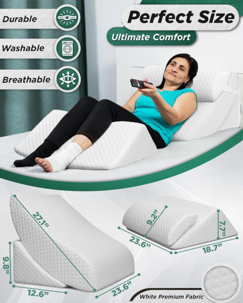 Lunix 4pcs Orthopedic Bed Wedge Pillow Set, Post Surgery Memory Foam for Back, Knee, Leg Pain Relief, Adjustable Sitting Pillow for Sleeping, Acid Reflux, GERD, with Hot Cold Pack, White