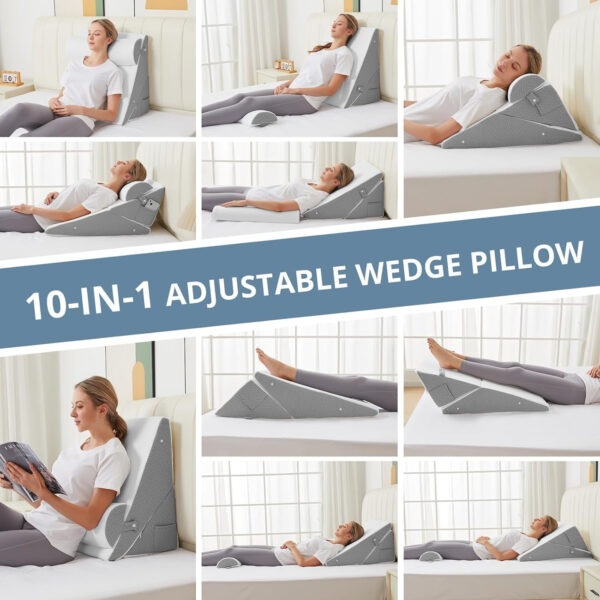 Sasttie Wedge Pillow Set for After Surgery, Adjustable Bed Wedge Pillow Headboard with Orthopedic Memory Foam Neck Cushion – for Acid Reflux, Sleeping, Neck & Back Support, White and Dark Grey