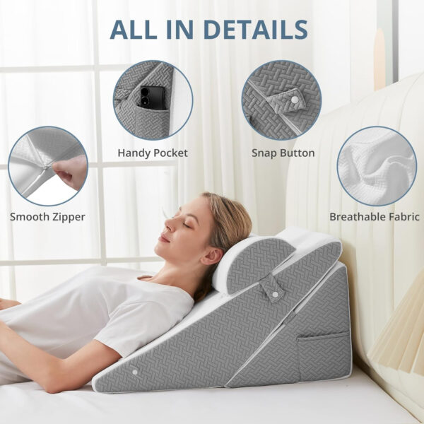 Sasttie Wedge Pillow Set for After Surgery, Adjustable Bed Wedge Pillow Headboard with Orthopedic Memory Foam Neck Cushion – for Acid Reflux, Sleeping, Neck & Back Support, White and Dark Grey