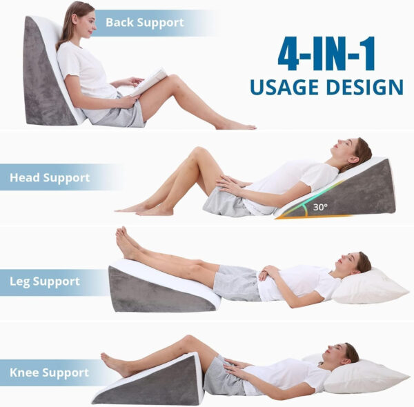 Sasttie Wedge Pillow, 12 Inch Memory Foam Bed Wedge Pillow for Sleeping, Acid Reflux, Back Pain, Post Surgery, and Snoring, Designed with Washable Cover, Cool Gray