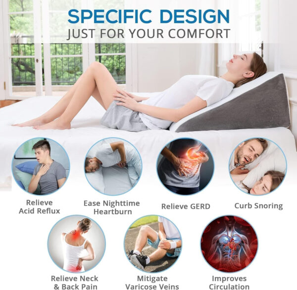 Sasttie Wedge Pillow, 12 Inch Memory Foam Bed Wedge Pillow for Sleeping, Acid Reflux, Back Pain, Post Surgery, and Snoring, Designed with Washable Cover, Cool Gray