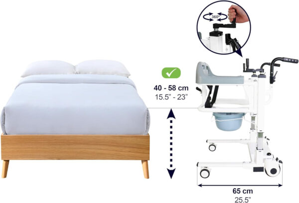 KMINA – Patient Transfer Chair (Seat can be Raised up to 23 in), Commode Toilet Chair with Wheels, Bedside Chairs for Elderly, Not Suitable for Shower
