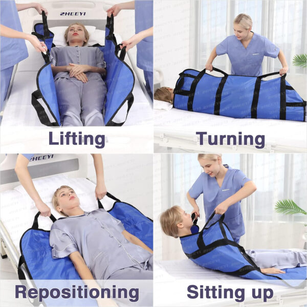 Multipurpose 48″ x 40″ Positioning Bed Pad with Reinforced Handles – Reusable & Washable Transfer Sheet for Turning, Lifting & Repositioning – Double-Sided Nylon Fabric, Blue