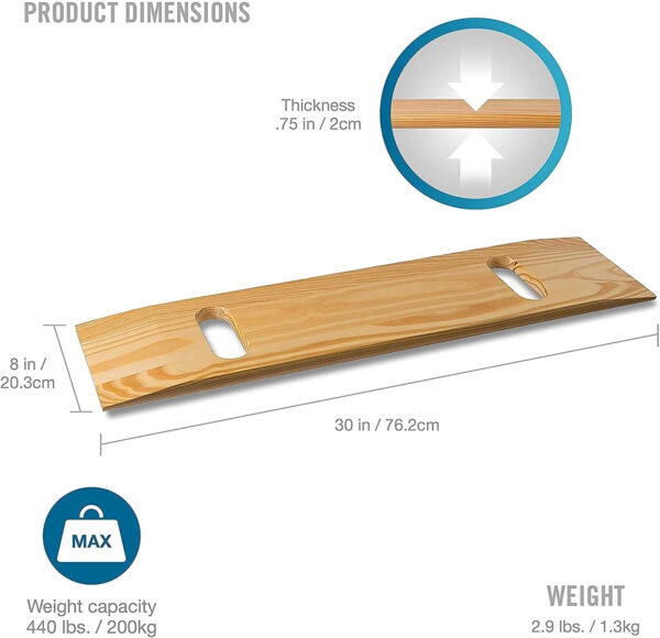 DMI Transfer Board and Slide Board, FSA Eligible, Made of Heavy-Duty Wood for Patient, Senior and Handicap Move Assist and Slide Transfers, Holds up to 440 Pounds, 2 Cut out Handles, 30 x 8 x 1