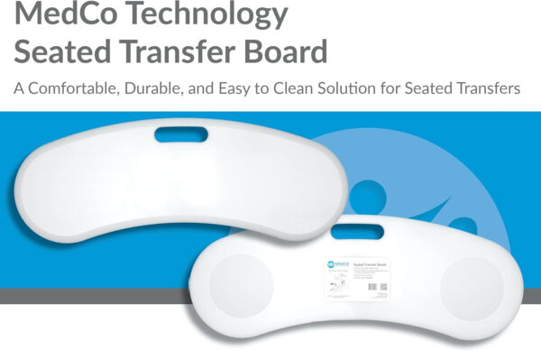 MedCo Technology Premium Seated Transfer Board, Friction-Reducing High Density Plastic, Soft Edges, Anti-Slip Pads, Curved with Transport Handle. Perfect for Bed, Wheelchair, Toileting, and More
