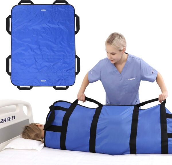 Multipurpose 48″ x 40″ Positioning Bed Pad with Reinforced Handles – Reusable & Washable Transfer Sheet for Turning, Lifting & Repositioning – Double-Sided Nylon Fabric, Blue
