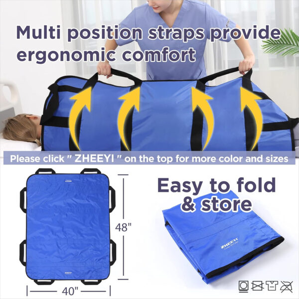 Multipurpose 48″ x 40″ Positioning Bed Pad with Reinforced Handles – Reusable & Washable Transfer Sheet for Turning, Lifting & Repositioning – Double-Sided Nylon Fabric, Blue