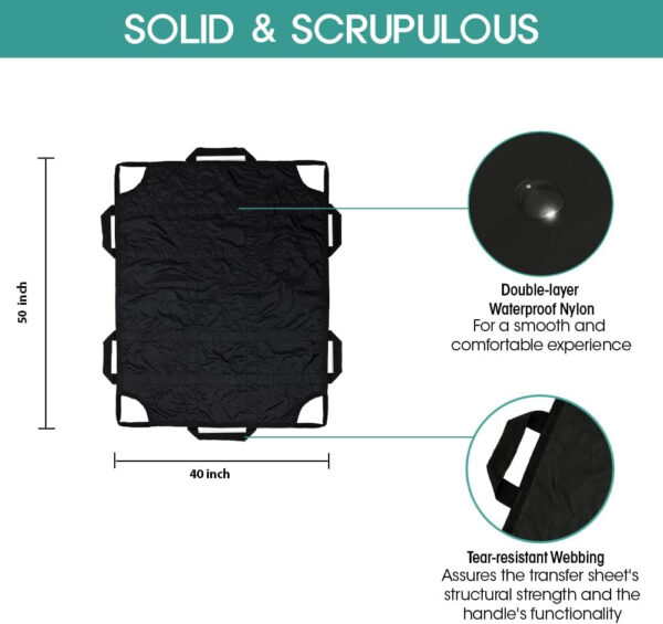 Bed Positioning Pad with Reinforced Handles, 50″ X 40″ Multipurpose Waterproof Transfer Sheet for Turning, Lifting & Sliding,Reusable Washable Patient Positioning Sheet for Bedridden, Caregiver, Black