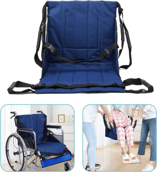 Patient Lift Transfer Belt from Bed to Wheelchair Stair Transfer Emergency Evacuation Chair Pad Safety Medical Lifting Sling Slide Board Transferring for Elderly, Disabled, Adults (Blue – 4 Handles)