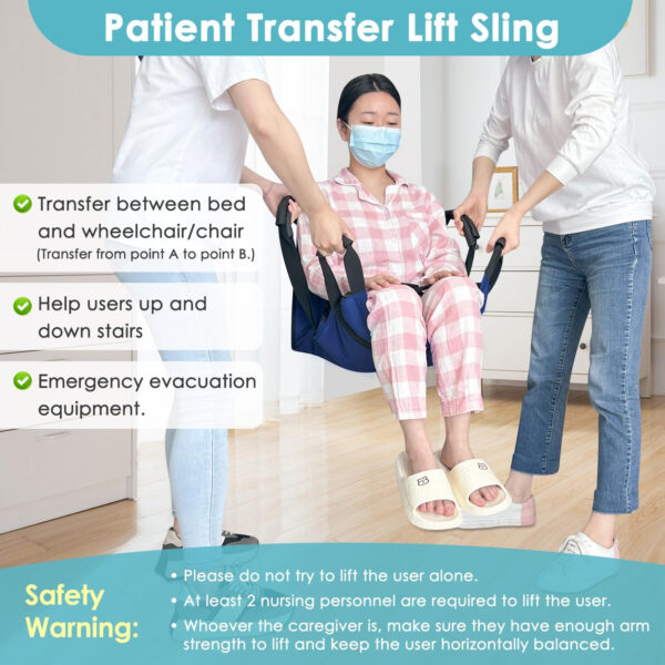 Patient Lift Transfer Belt from Bed to Wheelchair Stair Transfer Emergency Evacuation Chair Pad Safety Medical Lifting Sling Slide Board Transferring for Elderly, Disabled, Adults (Blue – 4 Handles)