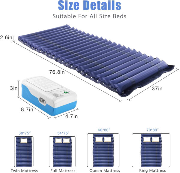 Alternating Air Pressure Mattress, Waterproof, 72.8″L x 33.5″W x 2.6″H, 300 lbs, Quiet Pump System, Fits Most Bed Sizes