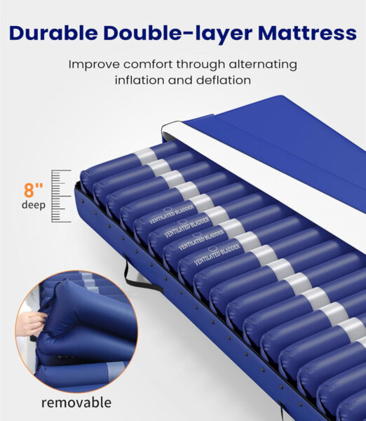 Large Alternating Air Pressure Mattress Pad, Waterproof Pressure Relief Ulcer Cushion Pad, Bed Sore Prevention Solution Mattress Topper with Headrest & Quiet Pump, Support Up to 400LBS