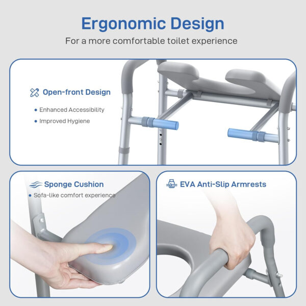 Raised Toilet Seat with Handles Open-Front Design, Adjustable Height & Width 440lbs Toilet Seat Riser for Seniors, Elevated Toilet Seat for Elderly Handicap Surgery Pregnant, Toilet Bath Bed