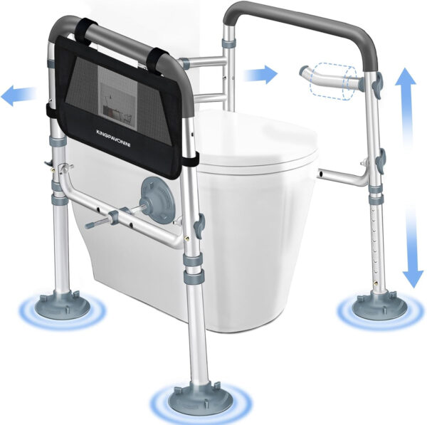 KingPavonini Toilet Safety Rail (400 LB) – Adjustable Foldable Toilet Safety Frame for Elderly and Disabled – Stand Alone Toilet Rails for Seniors with Storage Bag and Paper Holder – Fits Most Toilets