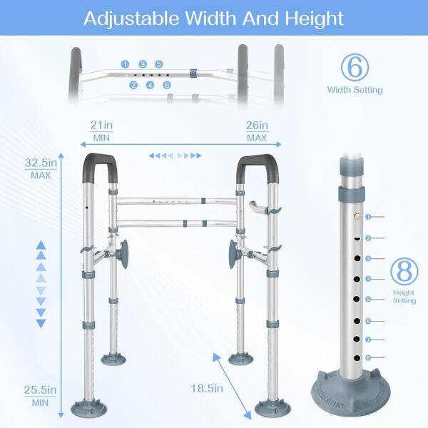 KingPavonini Toilet Safety Rail (400 LB) – Adjustable Foldable Toilet Safety Frame for Elderly and Disabled – Stand Alone Toilet Rails for Seniors with Storage Bag and Paper Holder – Fits Most Toilets