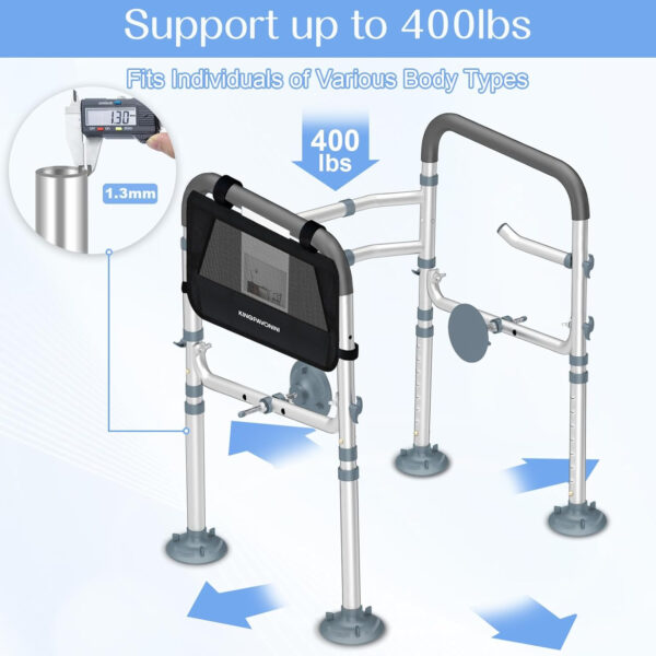 KingPavonini Toilet Safety Rail (400 LB) – Adjustable Foldable Toilet Safety Frame for Elderly and Disabled – Stand Alone Toilet Rails for Seniors with Storage Bag and Paper Holder – Fits Most Toilets
