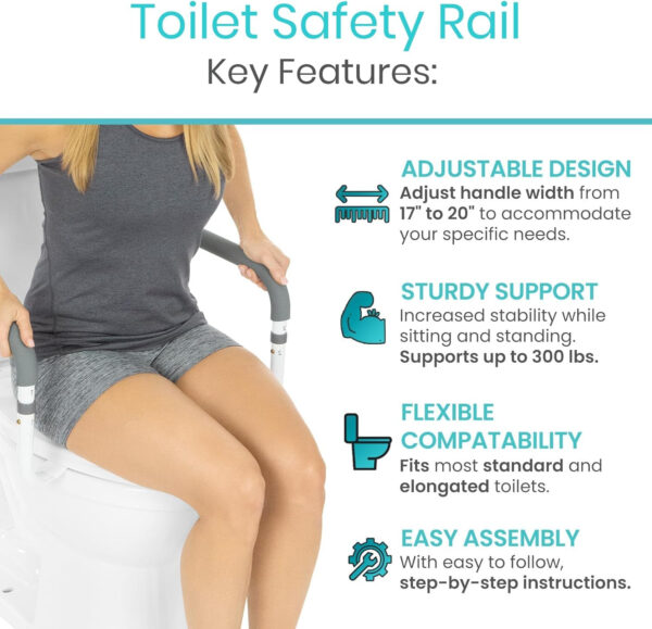 Vive Toilet Safety Rail – Adjustable Grab Bar – Compact Support Frame with Handrail for Bathroom Toilet Seat – Easy Installation for Handicap Senior Bariatrics, Elderly Balance – Padded Hand Armrest
