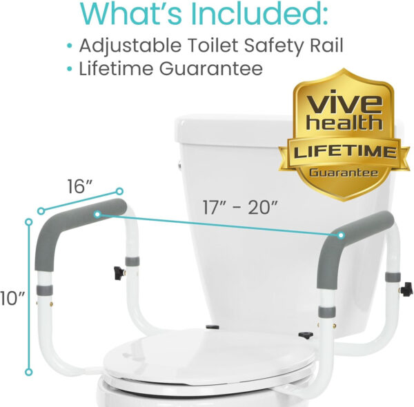 Vive Toilet Safety Rail – Adjustable Grab Bar – Compact Support Frame with Handrail for Bathroom Toilet Seat – Easy Installation for Handicap Senior Bariatrics, Elderly Balance – Padded Hand Armrest