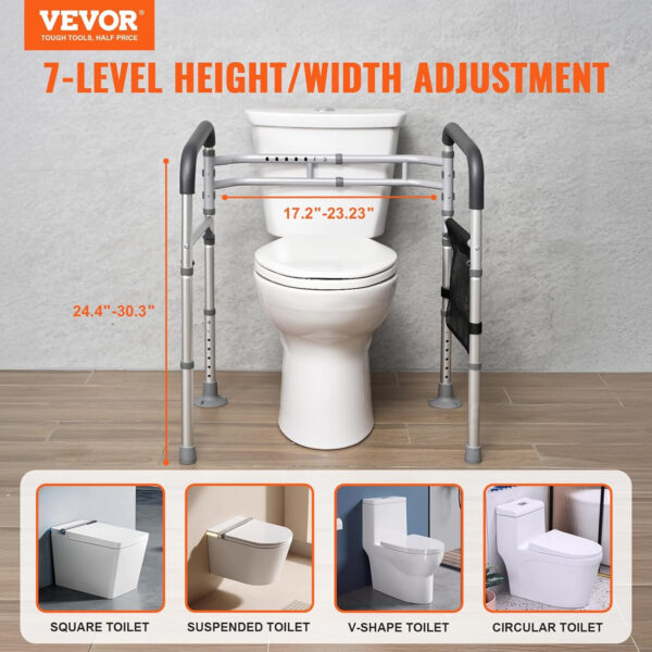 VEVOR Toilet Safety Rail, Folding Toilet Seat Frame, Adjustable Detachable Fit Most Toilets, Heavy 300lbs Capacity Duty Medical Bathroom Toilet Handrails Stand Alone for Handicap, Elderly, Disabled