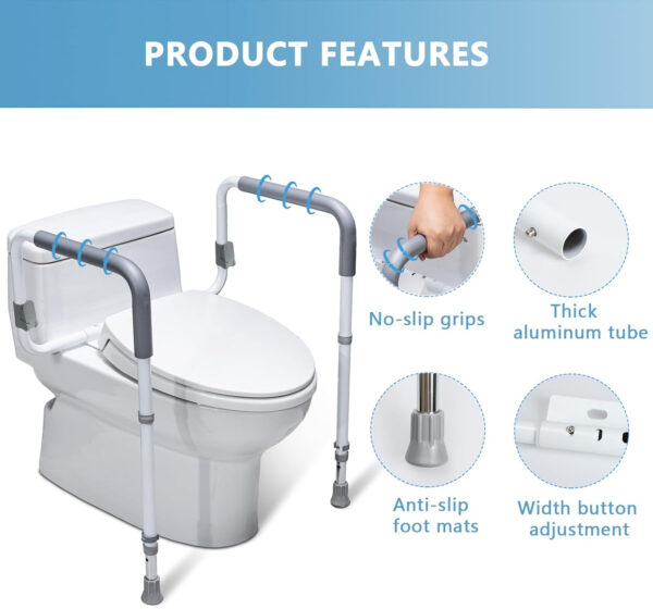 Toilet Safety Rails for Elderly Adults – Adjustable Bathroom Toilet Safety Frame with Handles – Stand Alone Toilet Grab Bar for Senior, Handicap & Disabled,Fits Most Toilets, White, TRX-8002